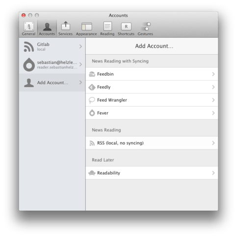 Add account in reeder Add account in reeder interface