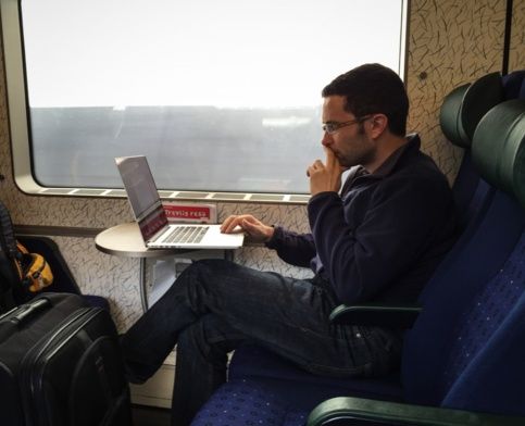 Daniel Lienert working in the train Daniel Lienert working in the train