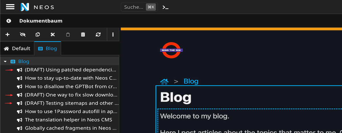 Screenshot of the Neos document tree with some blog posts marked as draft
