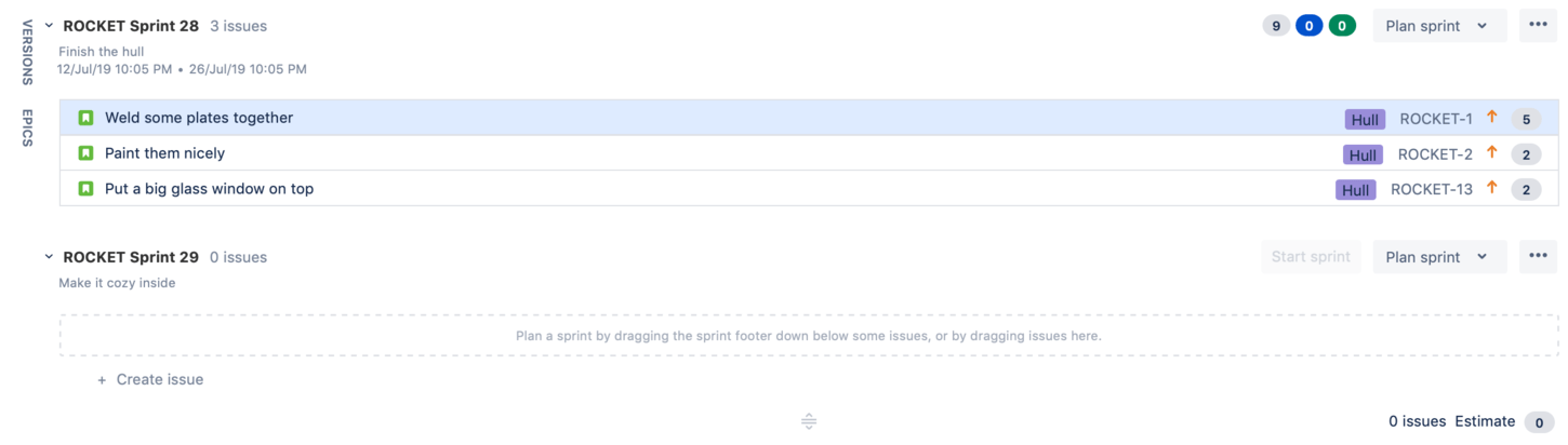 The current sprint in the Jira backlog